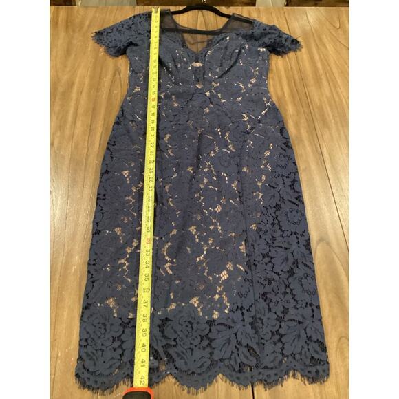Rene Ruiz illusion Lace Mesh Evening sheath Knee short sleeve Dress Navy Blue 8 - Picture 5 of 14